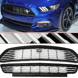 Fits 15-17 Mustang GT/CS CA Special Front Upper Lower Grill Set Black Silver