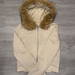WHISTLEHUNTER Biege Distressed Detachable Fur Hoodie