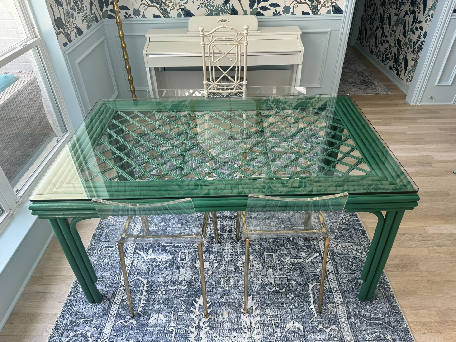 Antique Kelly Green Bamboo Dining Table With Custom Cut Glass Top