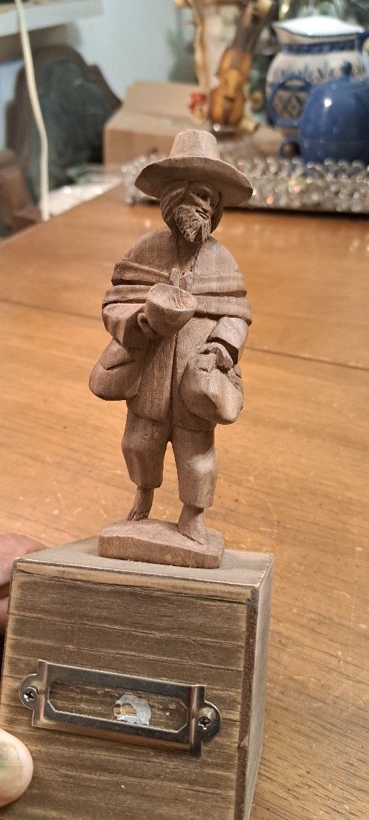 Vintage Hand Carved Wooden Statue Of A Forty Niner Looking For Gold, Mounted On A Wood Stand