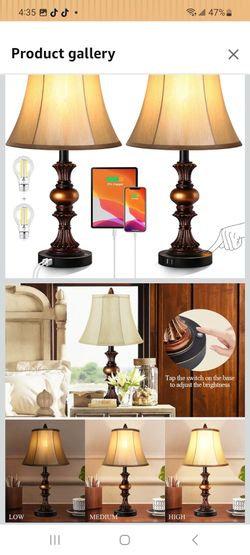 Touch Control Traditional Table Lamp Set of 2, Vintage Bedside Lamps with Dual USB Charging Ports, 3-Way Dimmable Bronze Finish Desk Lamps with Bell S