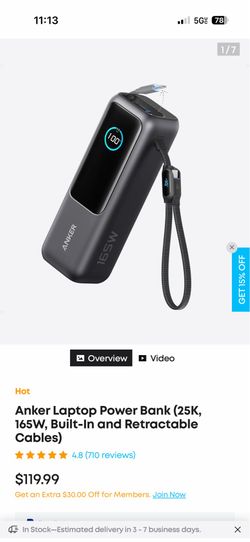 Anker Laptop Power Bank (25K, 165W, Built-In and Retractable Cables)