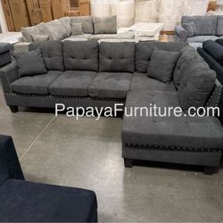 Brand New! Sectional Sofa, Ash Black Sofa, Couch, Tweeted-like Velvet Sectional, Sectionals, Sofa With Chaise, Ash Grey Sofa, Charcoal Gray Couch, Sec