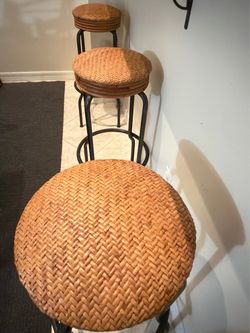 Set of 3 Woven Rattan & Metal Bar Stools – Moving Sale