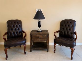 Matching Living Room Set – 2 Leather Accent Chairs, End Table & Lamp