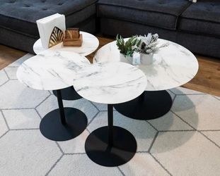 Modern Nesting Coffee Table Set – White Marble & Black Base
