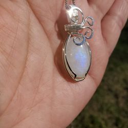 Wire Wrapped Rainbow Moonstone in Sterling Silver, Brand New