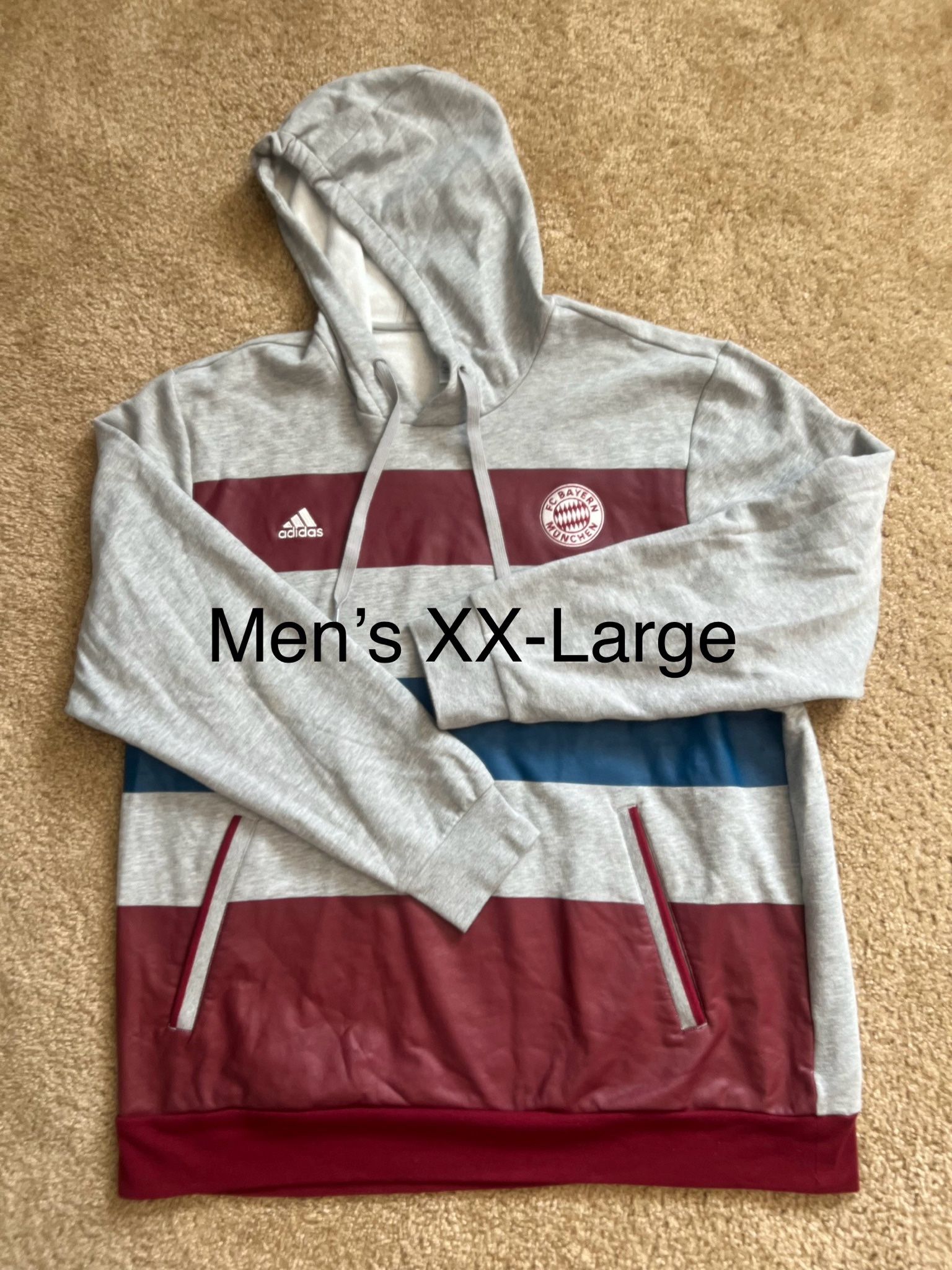 ADIDAS / Bayern Munich Bundesliga German LEAGUE SOCCER Hooded Sweatshirt w/ zip pockets / Men’s XX-Large XXL / Like New w/o Tags!! /Grey Maroon & Blue