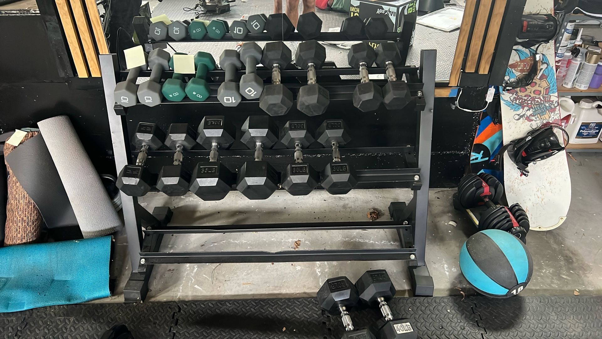 Dumbbell Weights And Rack (+ Barbell)
