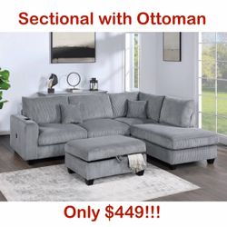 Grey Corduroy Sectional With Storage Ottoman And Pillows Included Brand New In Box Firm Price $449 Assembly Required 