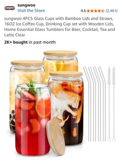 4PCS Glass Cups with Bamboo Lids and Straws