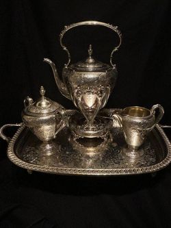 Antique 1898 Wilcox Silver Plate Tea Coffee Set, Paisley Pattern