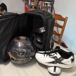 Bowling ball with bowling bag and shoes.  Shoe  size 9 men