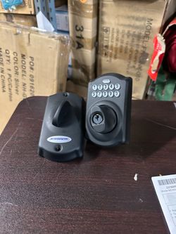 [080].  Schlage Camelot Electronic Keypad Deadbolt Lock, Keyless Front Door Entry, Mechanical Key Backup Included, Aged Bronze, BE365 V CAM 716