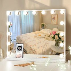 COOLJEEN Hollywood Lighted Vanity Mirror with Bluetooth, USB Charging, 15 Dimmable LEDs, 3 Color Lighting - Touch Control

