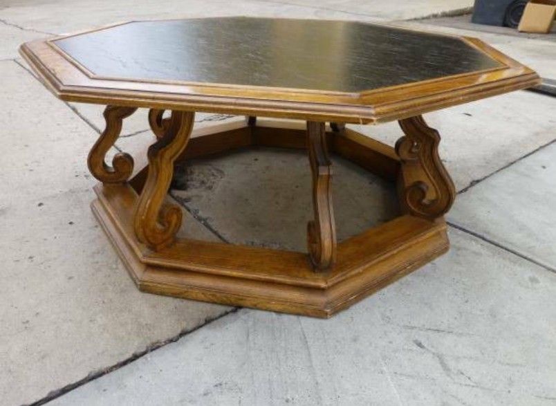 Drexel wood carved Coffee Table 40x17, Restoration Hardware, Mid Century Modern, walnut wood, USA, octagon, Pottery barn, williams sonoma, Game,Poker