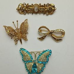 Brooches Pins Collection of 4 Silver Tone and Gold Tone Vintage