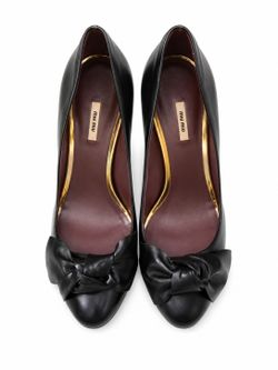 Miu Miu Black Leather Bow Peep-Toe Heels with Gold Trim