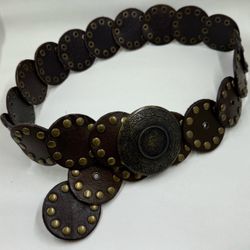 Vintage Boho Brown Genuine Leather Brass Studded Statement Belt Size Small