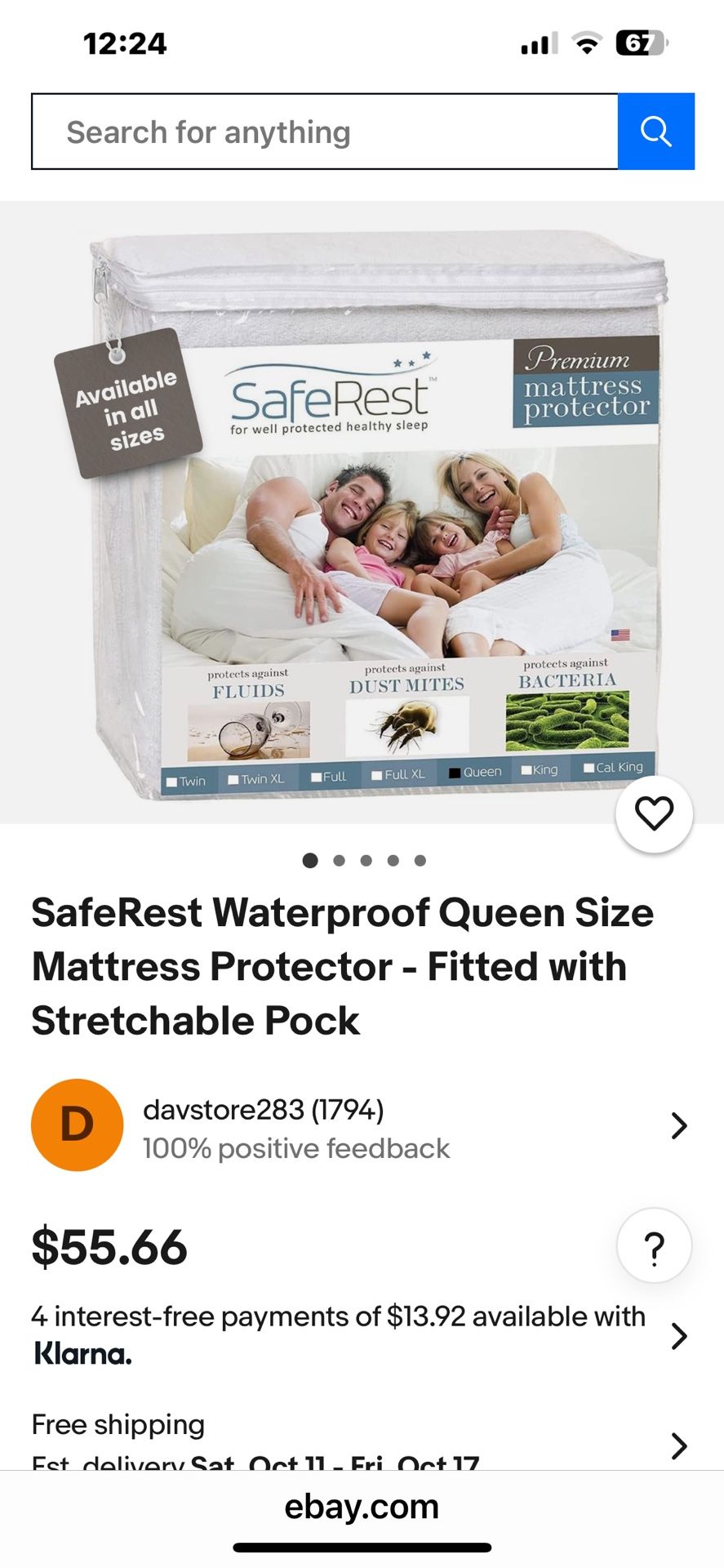 SafeRest WaterProof Mattress Protector-Queen-NEW