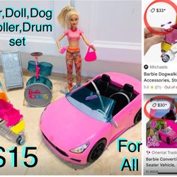$15 For All Barbie Car 🚘 Doll,Pet Stroller,Drum Set 🥁etc in great condition