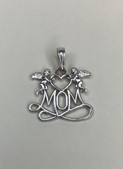 14k Solid White Gold “Mom” Cherubs Heart Pendant / Charm