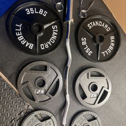 NEW Olympic Equipment Curl Bar of 20# with Cooper Bearings and Plates 2X35s, 2X25s, 2X10s and 2X5s pounds. Brute 170#