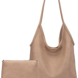 Montana West Slouchy Hobo Bag w/ Wallet, Soft Designer Shoulder Purse Handbag, Beige