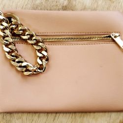Handbag Purse Wallet Light Pink with Leopard Print Liner Pockets Gold Colored Chain