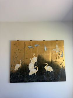 Large 4-Panel Gold Crane Wall Art / Asian Folding Screen – 60” x 40”