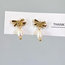 Gold Bow Real Freshwater Pearl Earrings