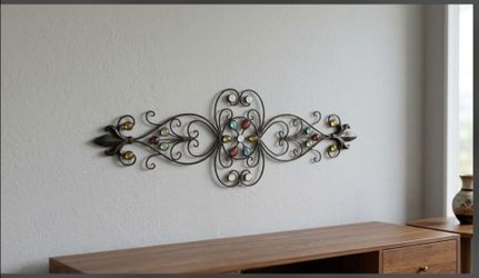 ***Elegant Wrought Iron Metal Scroll Wall Art – Jewel Accent Decor (33” x 10.5”)**