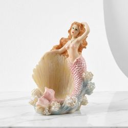 Vintage Pink Mermaid Figurine holding Seashell on Coral Base