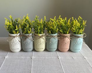 Chalk Painted & Distressed Mason Jar Vases w/faux Flowers Included 6 for $32