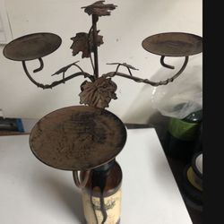 -Candle Holder w Vine Metal And wine Bottle