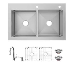 Glacier Bay Dolancourt Tight Radius 33 in. Drop-In 50/50 Double Bowl 18 Gauge Stainless Steel Kitchen Sink with Pull-Down Faucet @pal-236