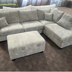 Light Gray Corduroy Sectional W/ Storage Ottoman—- Other Color Choices Available!! 