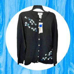 Covington New w Tags Black w Abalone Shell Buttons & 3D Standout Flowers Sweater Women 16W/18W