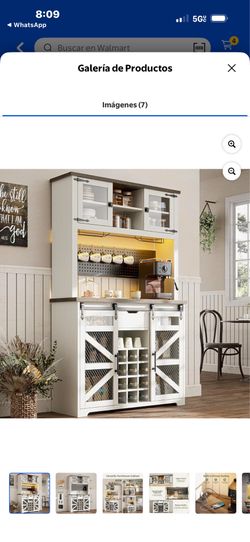 Uboti Coffee Bar Cabinet with Power Outlet, LED Light, 13 Storage Shelves, 12 Bottle Racks, Pegboard, 70-Inch Kitchen Buffet Cabinet with Storage, Liq
