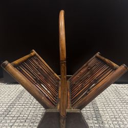 Vintage Antique Folding Burned  Bamboo Rattan Magazine Rack Stand
