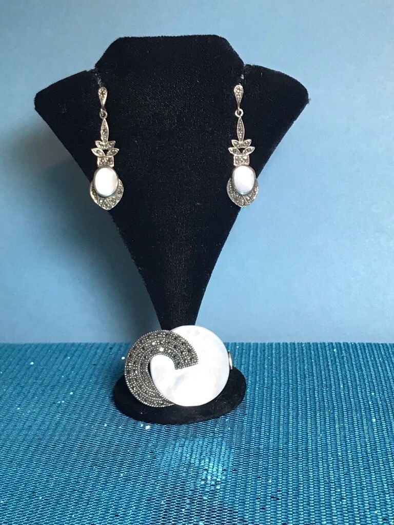 Sterling Mother Of Pearl Brooch and Earrings