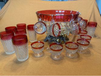 Vintage Red Rimmed Punch Bowl Set