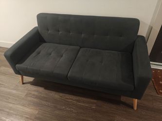 Dark Gray Tufted Loveseat with Wood Legs