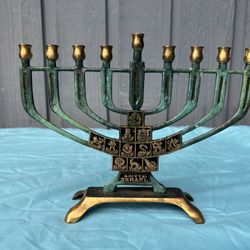 RARE 12 BIBLE TRIBES OF ISRAEL JEWISH HANUKKAH MENORAH,JUDAICA