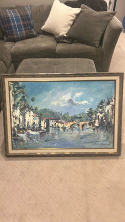 Framed Oil Painting Riverside Village Scene