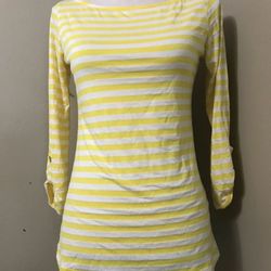 BOBEAU Yellow White Stripe Boatneck Roll Tab Sleeve Stretchy Top Tee Womens S