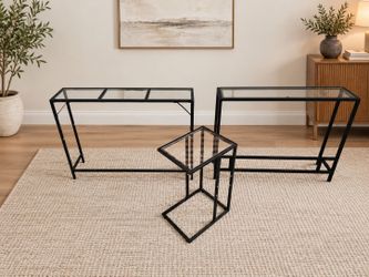 3-Piece Modern Black Metal & Glass Console Table Set