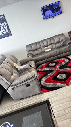 Fall clearance sale. Barcelona, gray reclining sofa and loveseat set only $1099. Easy finance option. Same-day delivery.