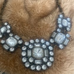 J. Crew Clear Rhinestone Bronze Tone Statement Necklace Art
