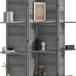 Room Divider, 4 Panel 67" Tall Wood Privacy Screen with 3 Display Shelves, and Folding Storage